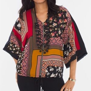 Chico’s Boho Patchwork Floral Print Zip Kimono Top Blouse 1 (M) Fringe Cuff Boho